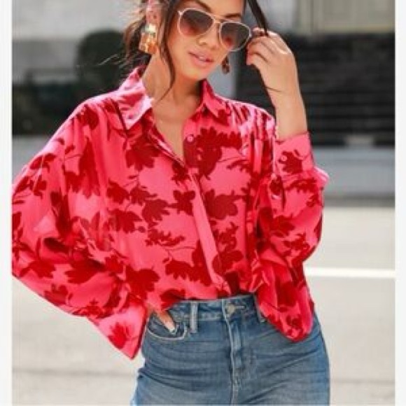 Lumiere Tops - Lumiere NWOT Sheer Floral Red Women's Blouse - Relaxed Fit